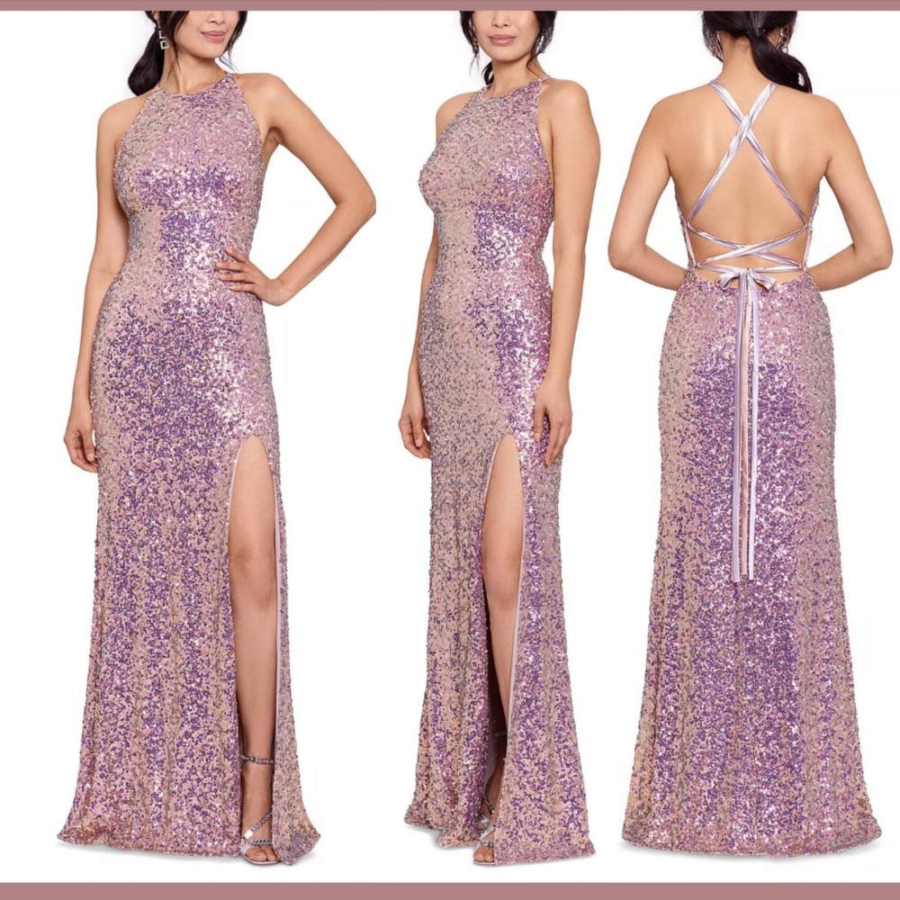 NEW $320 Betsy & Adam [ 0 ] Halter Sequined Lace Up‎ Back Gown Pink Purple